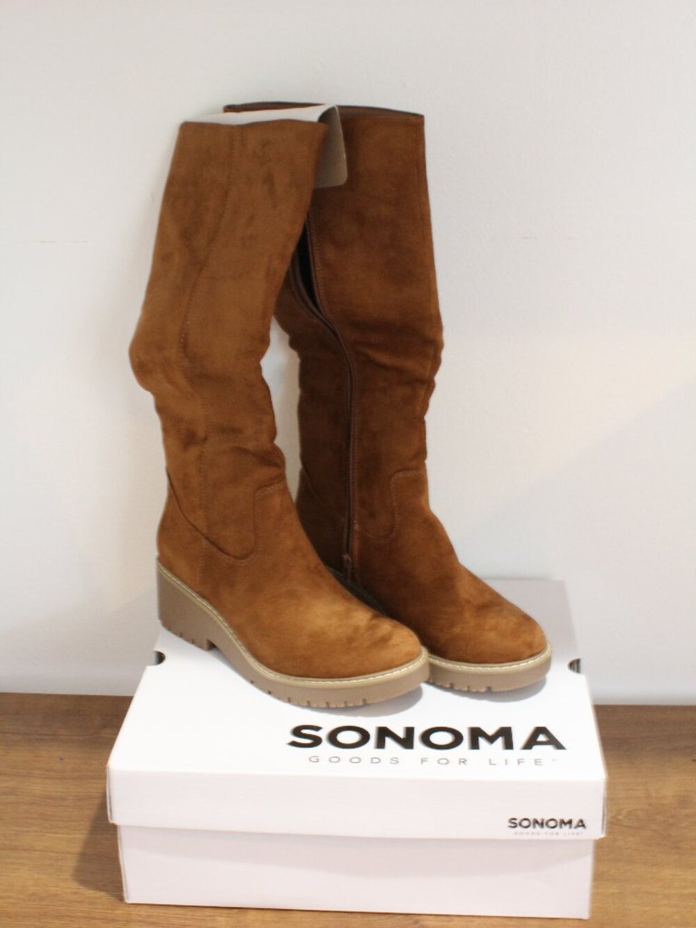 Sonoma Goods For Life Addie Cognac Faux Suede Knee High Lug Sole Boots Size 9